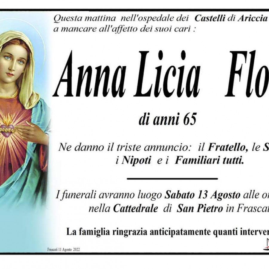 È scomparsa Anna Licia Floris di 65 anni. I funerali alla cattedrale di S. Pietro a Frascati