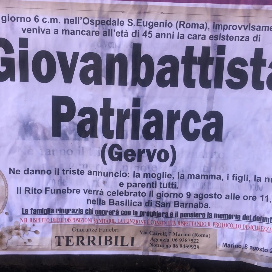 È scomparso Giovanbattista Patriarca, conosciuto a Marino come “Gervo”. Aveva 45 anni